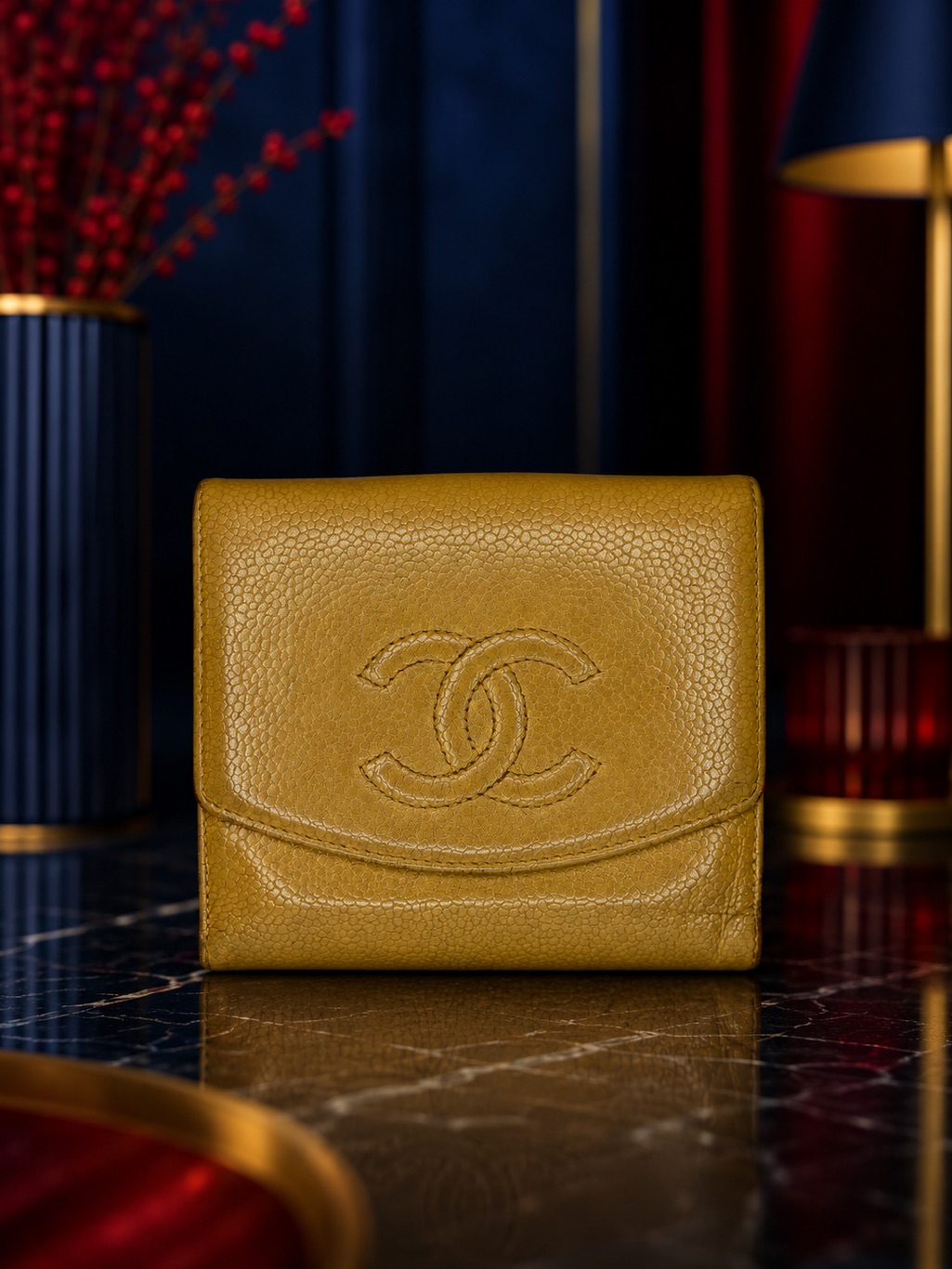 Chanel Beige Caviar Leather Bifold Compact Wallet Authentic  Vintage